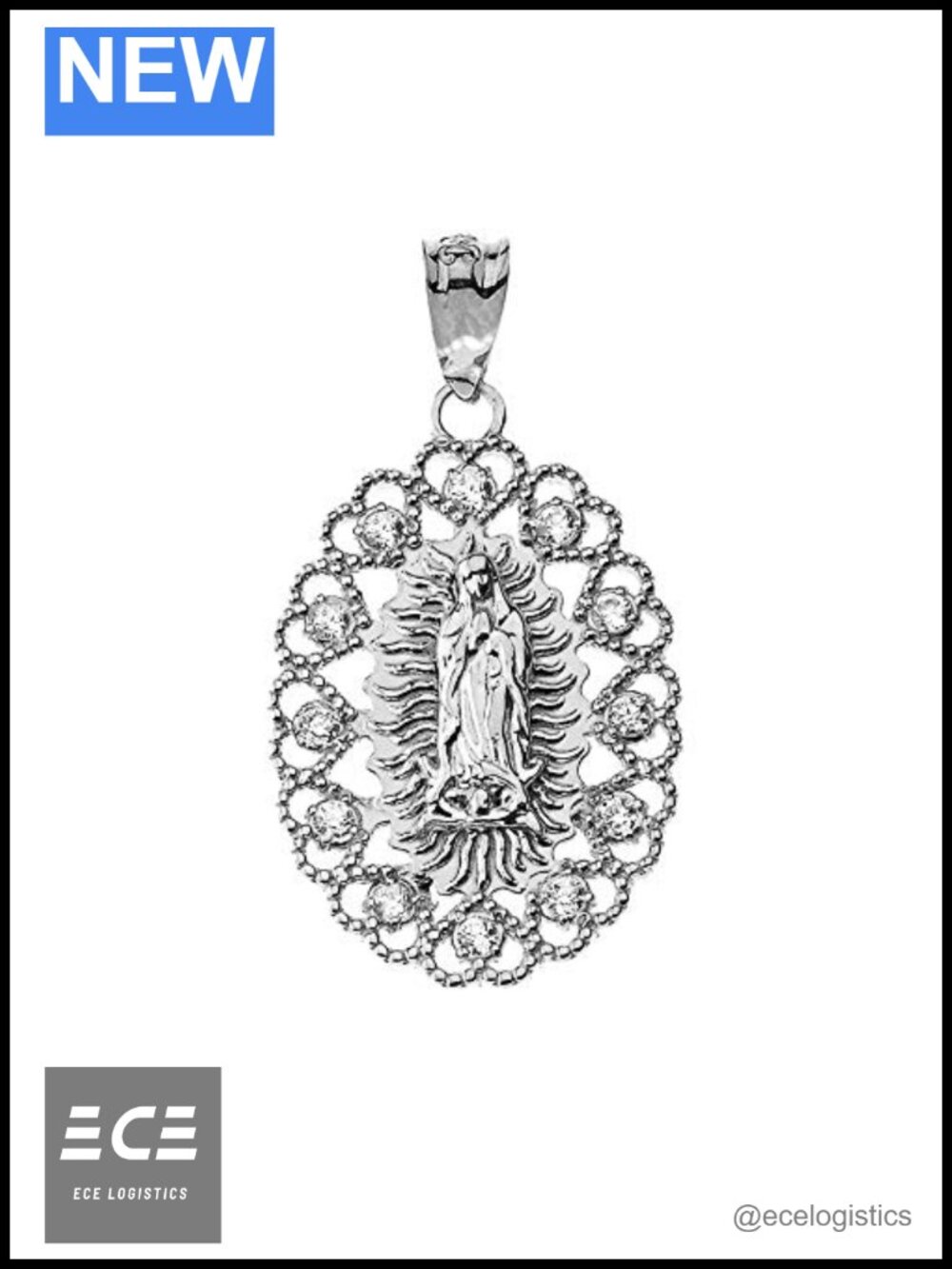 LA BLINGZ Sterling Silver Virgin Mary CZ Filigree Pendant Necklace